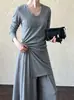 Lu Xi Conjunto de Duas Peças Primavera 2025 T-shirt Preguiçosa de Comprimento Médio com Alça e Fenda + Calça de Cintura Alta Wide-Leg que Arasta no Chão 2816