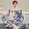 Pijama para Hombre Manga Larga Algodón Puro Primavera y Otoño Delgado Estudiante Joven Dibujos Animados Ropa de Casa Holgado Tallas Grandes Traje