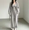 Estilo preguiçoso relaxado casual conjunto de tricô feminino outono suéter cardigã camisola calça longa de perna larga conjunto de três peças