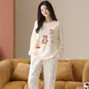 Pijama de Algodón Puro para Mujer Primavera y Otoño, Manga Larga, Pantalón Largo, Cuello Redondo, Sin Capucha, Holgado, Casual, Lindo Oso de Dibujos Animados Ropa de Casa