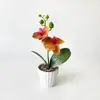 Plantas artificiales modernas y minimalistas en maceta con dos orquídeas, una grande y una pequeña, para decoración de sala de estar y alféizar de ventana en casa