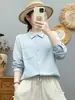 Camisa de manga larga de gasa de algodón de doble capa estilo japonés para mujer, suave y amigable con la piel, algodón puro, diseño de cuello alto, top con bolsillo grande