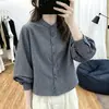 Nuevo Estilo Coreano de Principios de Otoño Camisa Holgada de Cuello Alto Patchwork Manga Larga Cuadros Retro Diseño Reductor de Edad Cardigan Superior Mujer