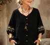 2026 Amazon Verano Transfronterizo Europeo y Americano Camiseta Superior Casual Suelta de Algodón y Lino Bordada Vintage de Color Sólido Cuello Manga Media