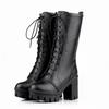 Botas de Moda Estilo Britânico para Outono e Inverno com Solado Grosso e Salto Grosso Botas de Cano Médio com Cadarço Femininas JGB2021N0011014
