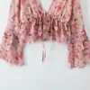 Comercio Exterior Transfronterizo Ropa de Mujer Primavera 2026 Estilo Europeo y Americano Cuello en V Mangas Acampanadas Cordón Camisa Estampada Top para Mujer M11726