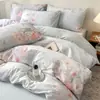 Conjunto de quatro peças de algodão puro escovado espesso, roupa de cama com estampa digital moderna, lençol de cima espesso, lençol com elástico e capa de colchão