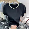 Camiseta de Punto Gris con Cuello Redondo y Dobladillo Francés, Lazo, Manga Corta para Mujer, Top Corto Holgado, Primavera y Verano 2025