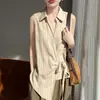 Nuevo Chaleco Cardigan sin Mangas para Mujer Primavera/Verano 2026 de Tencel y Lino con Cuello Polo Bloque de Color Cintura con Cordón de Amarre Top