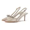 Sapatos de salto alto 733-8 sem costas com laço, bico fino, salto agulha, couro genuíno, estampa de bolinhas, sapatilhas femininas estilo francês, confortáveis de usar