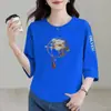 E-commerce Transfronteiriço Comércio Exterior Estilo Mãe Mulheres de Meia-Idade Camiseta de Manga Três Quartos Solta Casual Versátil Camiseta Básica Top