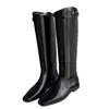Botas largas cuadradas de piel de vaca genuina para mujer, tacón grueso, botas de jinete petite, hebilla de cinturón, botas altas planas largas