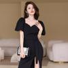 Vestido de Noite Preto para Mulheres, Estilo Banquete, Reunião Anual, Anfitrião Hepburn Francês, Vestido Slim Manga Bufante 4234