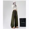 Pantalones Suaves Color Verde Militar para Abuelas, Pantalones Largos Casuales de Lana de Cordero con Cordón, Pierna Ancha Suelta para Invierno