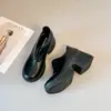 Versão em Pele de Ovelha~Mocassins Retro Aumentadores de Altura com Solado Grosso para Mulheres, Novos Sapatos de Couro com Bico Redondo Versáteis Estilo Britânico Salto Bloco