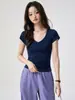 Camiseta 40s de Algodão Penteado Puro para Mulheres, Gola Redonda com Patch de Decote V Profundo, Mangas Curtas, Verão, Simples, Versátil, Emagrecedora, Top de Base