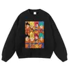 Sudadera con capucha y estampado de cómic desgastado, sudadera urbana oversized estilo retro americano en negro lavado con hombros caídos
