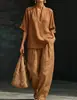 Estilo Old Money Conjunto de Linho Feminino Verão Solto Gola V Manga Curta Calça Wide Leg Conjunto de Duas Peças Sensação Preguiçosa Relaxada