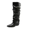 Botas de cuero de tacón alto para mujer con punta fina para verano, apilables con hebilla de cinturón, botas de caballero hasta la mitad de la pantorrilla, botas apiladas, botas de caballero vintage, efecto adelgazante