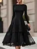 Nuevo vestido de otoño de colección transfronteriza de Amazon, elegante, reductor de cintura, con retazos de encaje, largo de pastel, para mujer