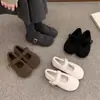 Zapatos Mary Jane grises peludos para mujer, nuevos zapatos de lana de estilo coreano para invierno, zapatos de algodón cálido de felpa de suela plana para mujer