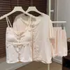 Pijama de Tres Piezas de Algodón Tencel con Almohadillas en el Pecho, Tirantes Femeninos de Verano, Conjunto de Shorts y Camiseta de Manga Corta, Ropa de Casa Estilo Puro Lust