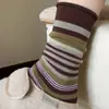 Meias Listradas Color-Blocked de Cano Médio para Mulheres, Estilo Retrô Coreano, Respiráveis para Outono e Inverno, Meias para Sapato Birkenstock, Meias Empilhadas de Ponto Duplo