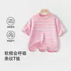 Camiseta de Verano Nueva de Algodón Puro a Rayas de Manga Corta para Niños Pequeños, Top Delgado Holgado Elegante de Media Manga para Niños