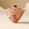 Tazón de té Gaiwan de cerámica individual con tapa, azul y blanco, ágata roja, diseño minimalista del fabricante, juego de té Kung Fu con rosa dorada pintada a mano