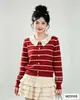 Cárdigan de punto de ganchillo hueco a rayas de estilo coreano popular de manga larga para otoño con cuello vuelto para mujer, top holgado