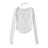 Roupas femininas de garotas europeias e americanas em alta ins primavera novo europeu e americano feminino manga longa gola halter T-shirt justa top