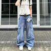 Pantalones de trabajo retro americanos de nuevo estilo, plisados, multibolsillos, lavados y desgastados, para mujer; pantalones casuales de pierna recta ancha, holgados, para hombre
