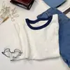 Camiseta Corta Blanca Chic para Mujer Verano Color de Contraste Base de Hombro Top Delgado Gasa Elegante Manga Corta