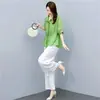 Conjunto Casual de Algodón y Lino de una o Dos Piezas para Mujer, Nueva Moda de Verano Ropa para Mujer, Elegante Top con Drapado en T y Pantalones de Pierna Ancha