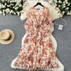 Design Estilo Francês Decote V Manga Trompete Amarração na Cintura Floral Chiffon Vestido Feminino Slim Elegante Retro Longo