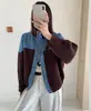 Cárdigan de lana de doble cara tejido con retazos de mezclilla estilo europeo, nuevo modelo otoño/invierno 2026, chaqueta suéter versátil de bloques de color para mujer
