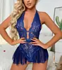 Lencería Sexy Europea y Americana de Encaje Una Pieza con Abertura en la Entrepierna y Atado en el Cuello Pijamas de Tentación Ropa Sexy Transparente Más Vendida en Comercio Exterior