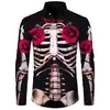 Camisa Divertida Estampada em 3D com Botão de Esqueleto Masculina para Carnaval Halloween Cosplay Manga Longa