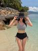 2025 Nuevo Bikini de Baño Europeo y Americano para Mujer Dividido Rayas Color Sólido Tirantes Cruzados Múltiples Cuerdas Bikini
