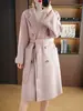 Elegante Abrigo de Lana Doble Faz para Mujer 2026, Longitud Media, Versátil, Nuevo Estilo Otoño, Color Sólido, Cinturón de Corbata, Corte Holgado