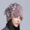 Gorro de Lana Grueso de Invierno Nuevo para Mujer Estilo Europeo y Americano, Gorro de Piel de Conejo Rex, Gorro de Punto con Cinturón Lateral y Flor