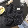 Calças casuais para meninas de outono e inverno, calças jogger infantis estilosas e da moda com estampa floral com detalhes em renda e forro de fleece espesso