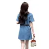 Foto Real de Vestido Jeans Retrô para Mulheres, Estilo Fino de Verão, Novo Vestido Jeans Retrô Estilo Hong Kong com Acinturamento