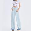 Pantalones vaqueros de rayas texturizados para mujer, de verano, finos, de cintura alta, sueltos, rectos, que combinan con todo, con pierna ancha y cobertura de cadera.