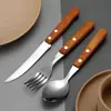 Juego de Cubiertos de Acero Inoxidable Transfronterizo, Tenedor y Cuchara, Mango de Madera, Vajilla Occidental para el Hogar, Hotel, Cuchillo y Tenedor para Filete, Tenedor de Cuchara para Postre