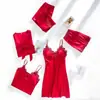 Pijama de Seda Hielo Personalizado de Fábrica para Mujer, Bata Ligera de Tirantes Finos de Espagueti para Verano, Conjunto de Cinco Piezas con Almohadillas en el Pecho, Ropa de Casa de Manga Larga