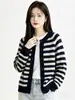 Cardigã de tricô listrado estilo vintage para mulheres, novo casaco suéter solto de gola redonda para primavera e outono, top casual coreano