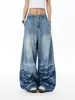Alta Rua Americana Unissex Comprimento Total Lavado Antigo Jeans Estampado em Relevo Decoração Marca Tendência Solto Retrô Perna Larga