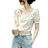 Blusa Branca Feminina Estilo Doce Francês com Mangas Bufantes e Decote Quadrado Verão 2026 Nova com Babados Emagrecedora Versátil