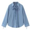 Camisa Solta Elegante Feminina Estilo Europeu e Americano Transfronteiriço Moda Nova 2025 Listrada Decorada com Laço Atacado 8372801